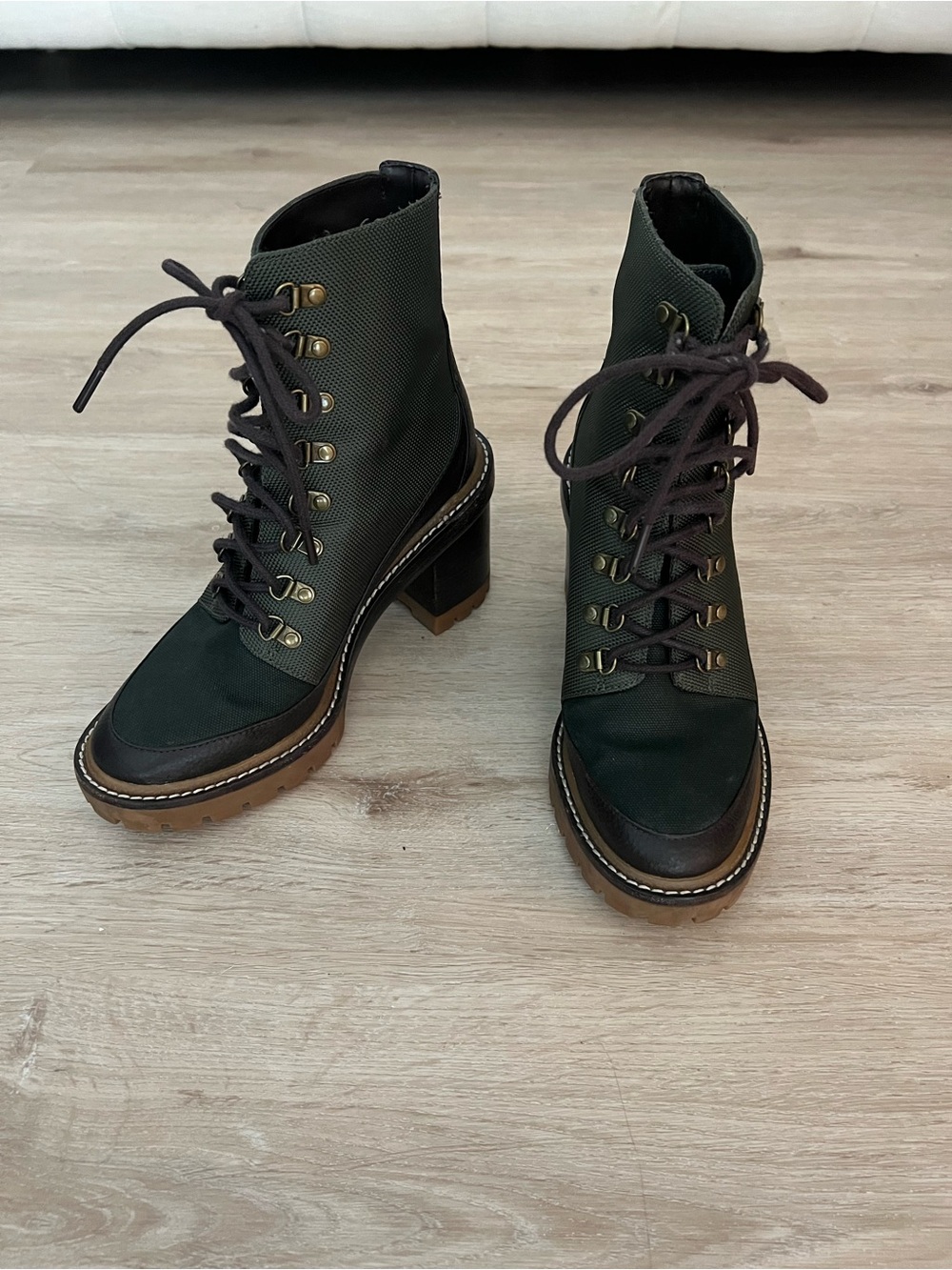 Tory Burch Dark Green Lace-Up Lug Sole Block Heel Boots